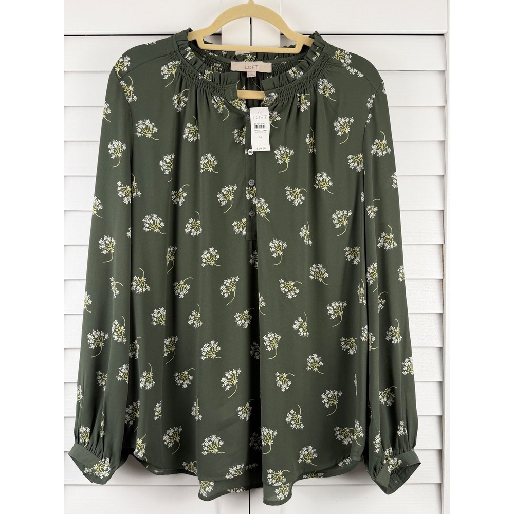 LOFT Blouse XL Green Floral Smocked Ruffle Neck Long Sleeve NEW